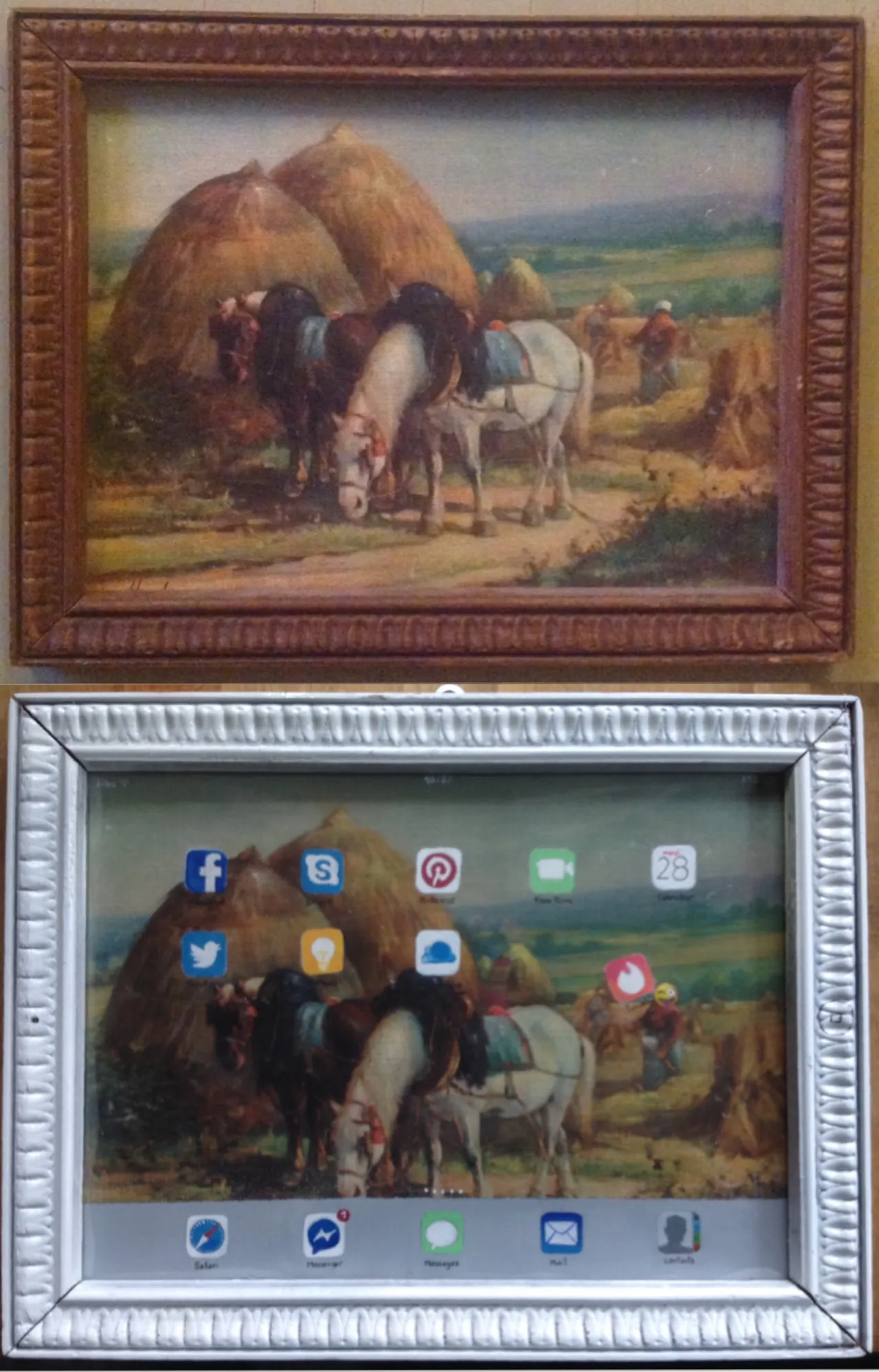 Diptyque avant-après : peinture champêtre recouverte d'icônes d'applications